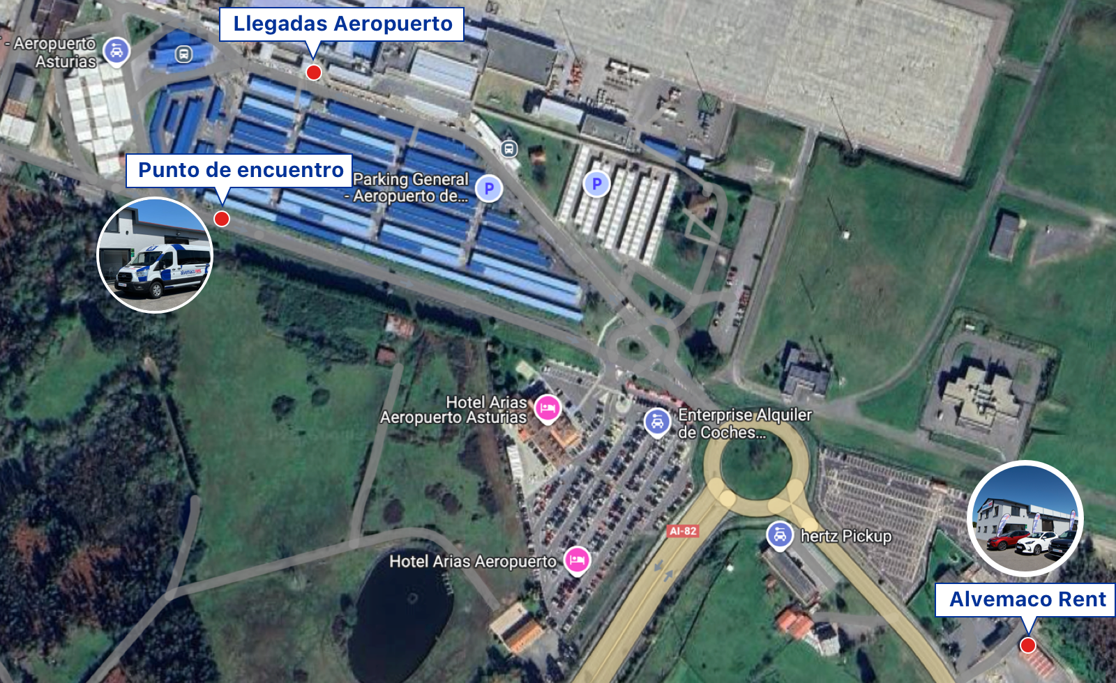 Mapa con la ubicación de nuestras instalaciones de Alvemaco Rent y punto de encuentro en el aeropuerto de Asturias